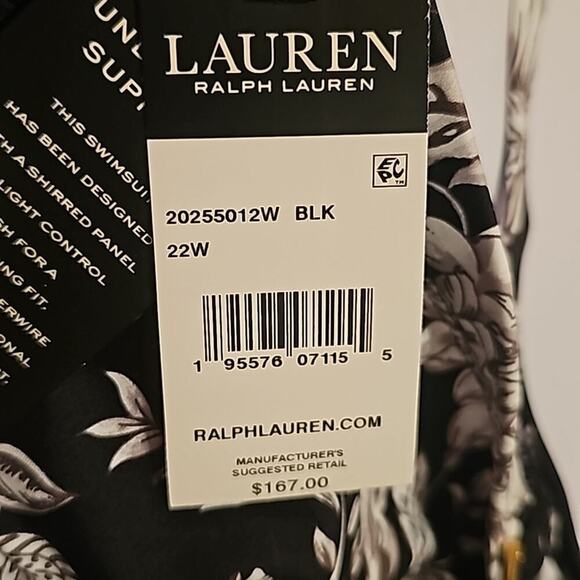 Ralph Lauren BLACK/WHITE Toile Floral Twisted Skirted One-Piece Swimsuit, US 22W - Picture 10 of 11